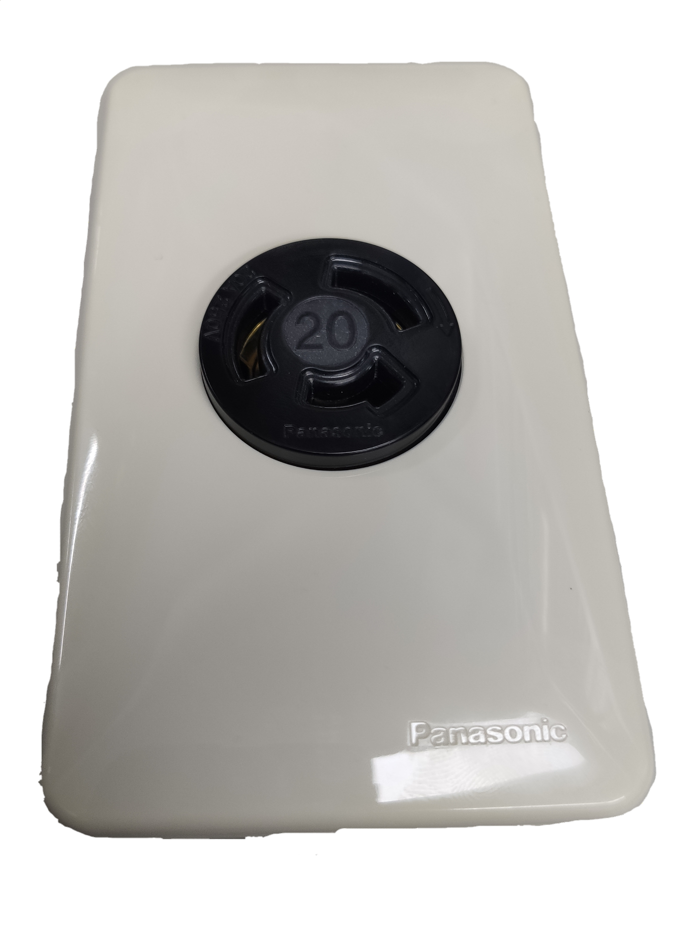 Panasonic white wall plate with black industrial twist lock outlet 250V 20a marked 20 for heavy duty power