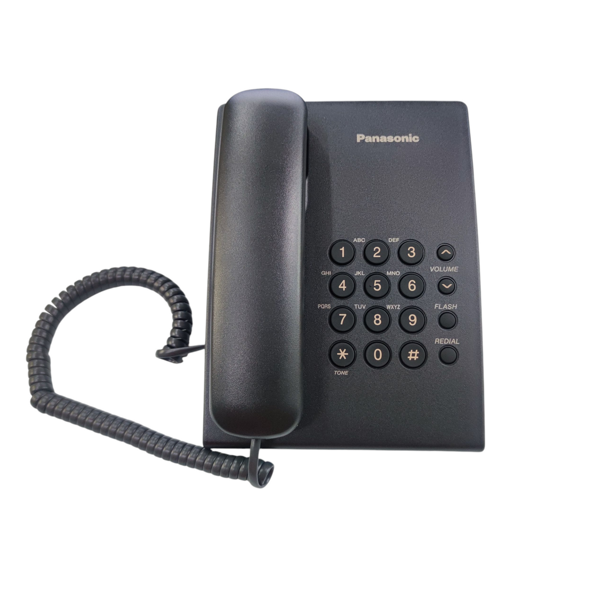 Panasonic KX-TS500MX black desk phone with corded handset and keypad buttons