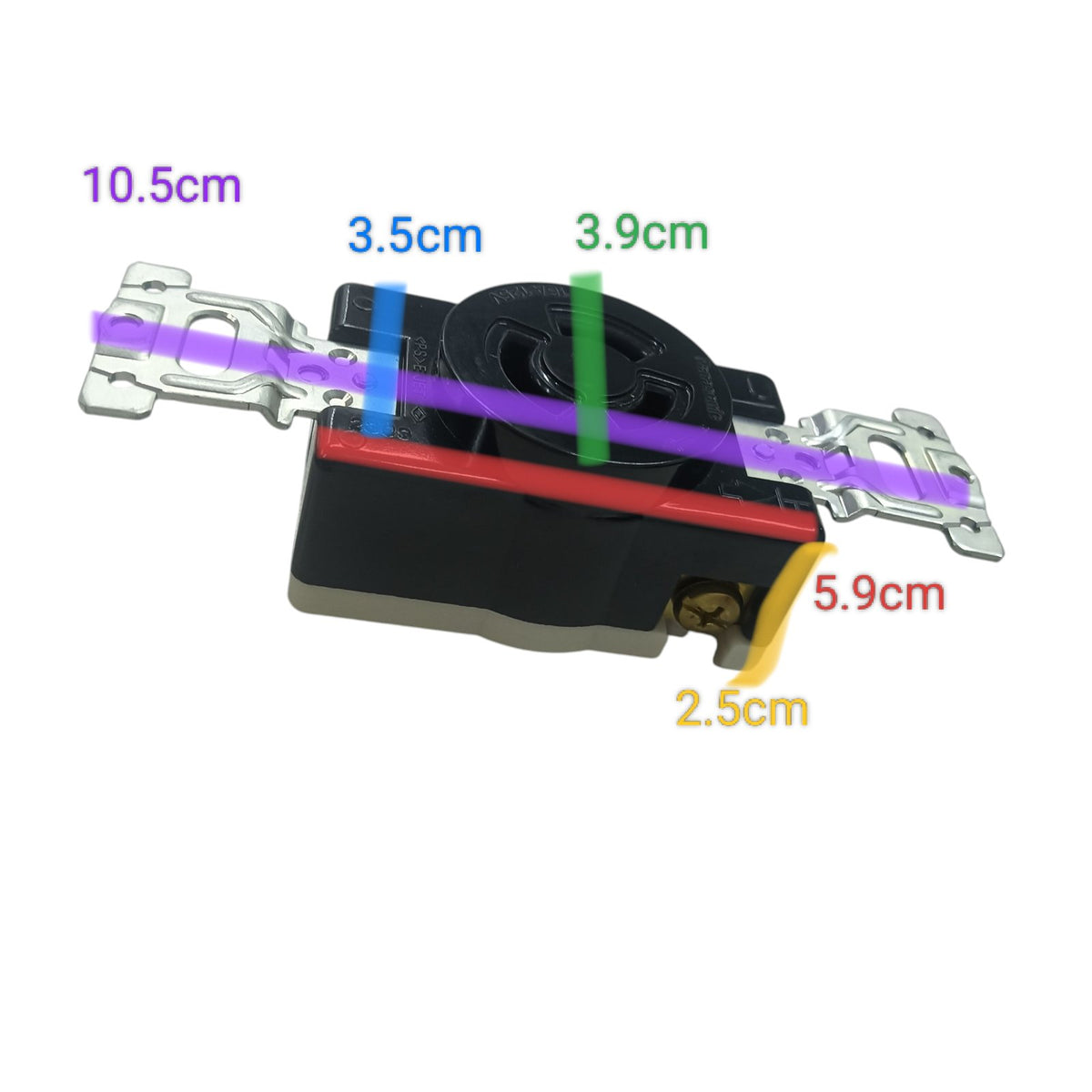 Panasonic 15A twist lock outlet black body with mounting tabs and colored dimension markings for installation