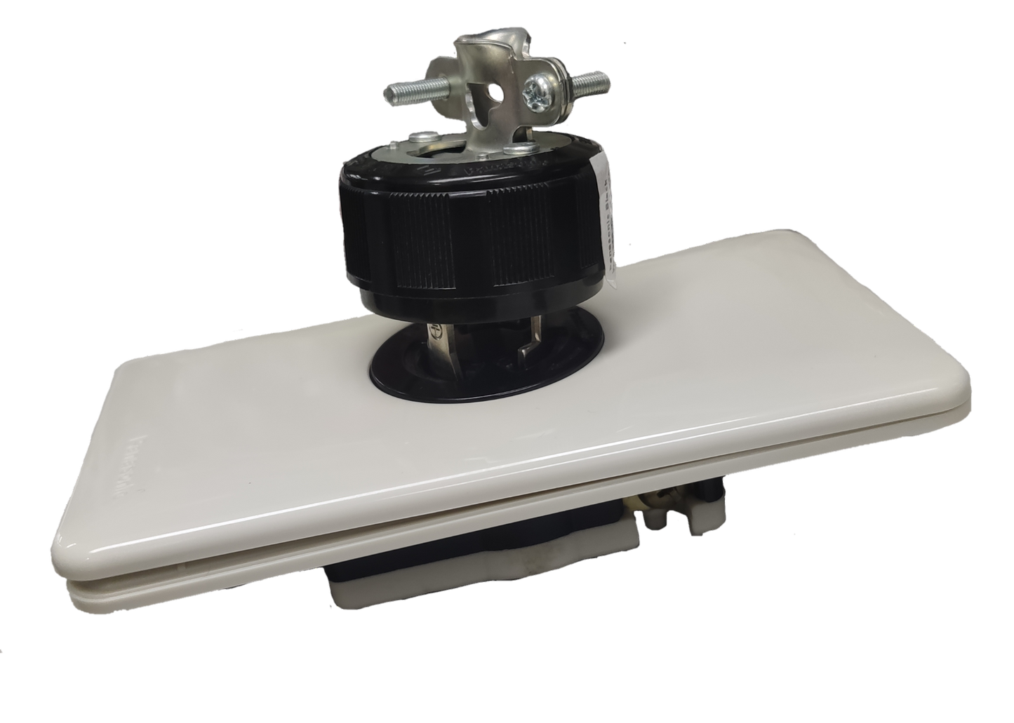 Panasonic 15A twist lock outlet mounted on white decorator wall plate black locking receptacle