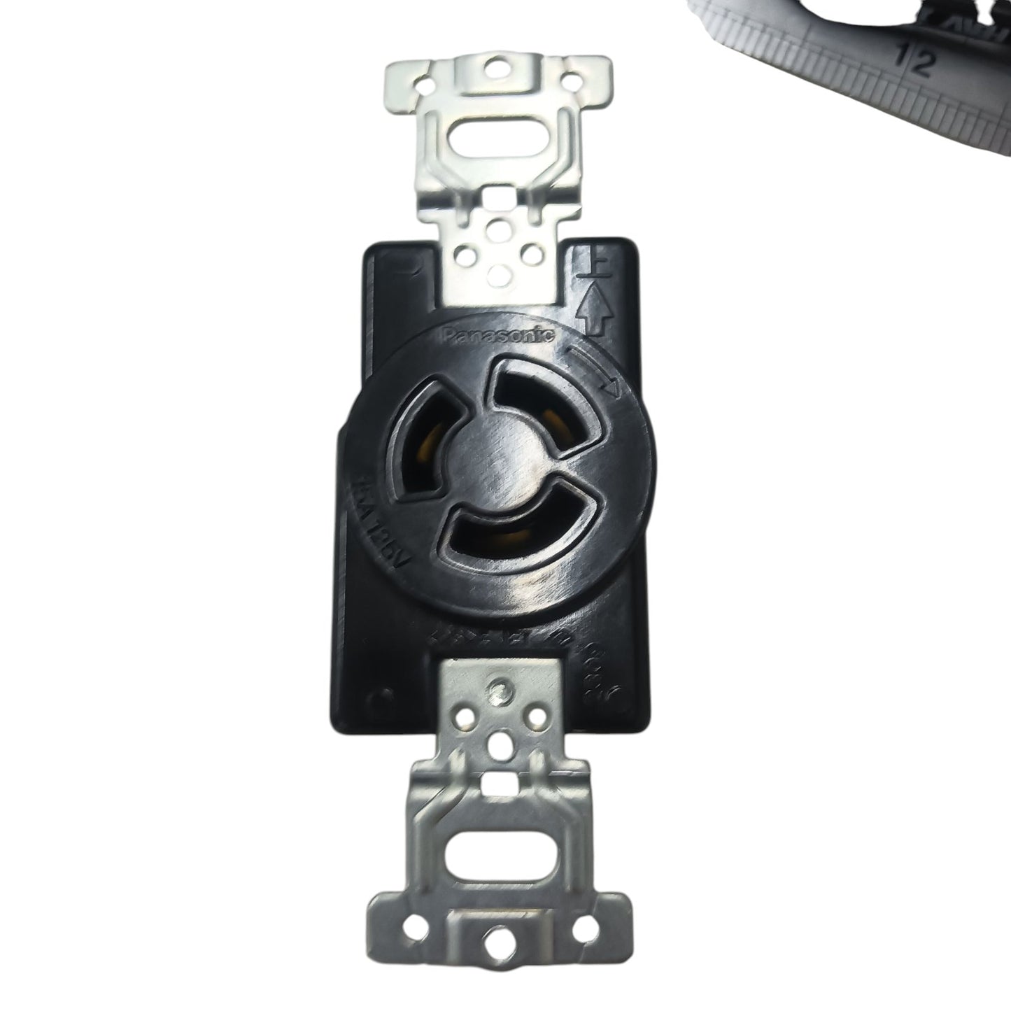 Panasonic 15A twist lock outlet black locking receptacle with metal mounting straps and single 3 slot design