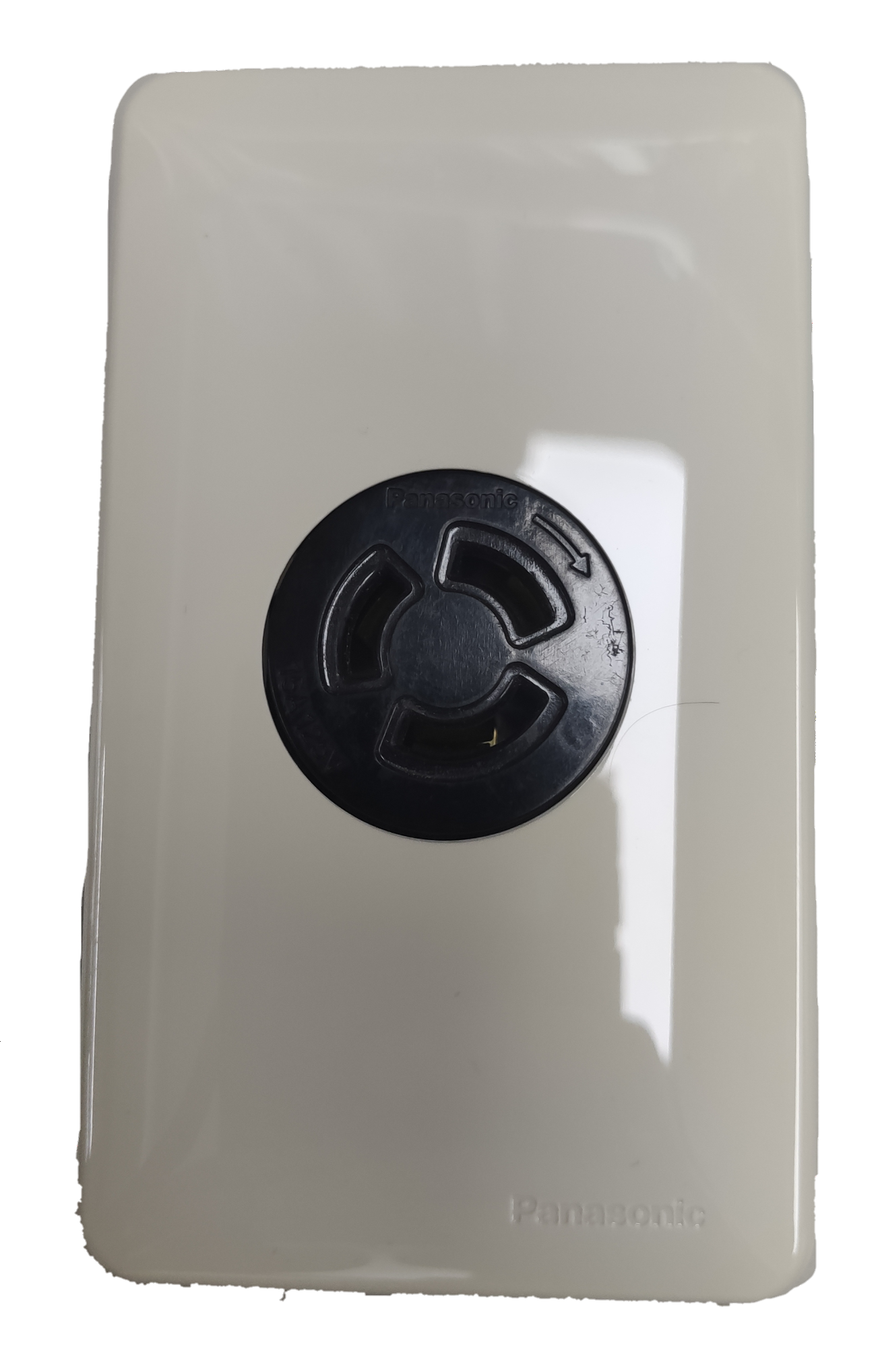 White wall plate with black circular Panasonic 15A twist lock outlet centered and Panasonic logo embossed