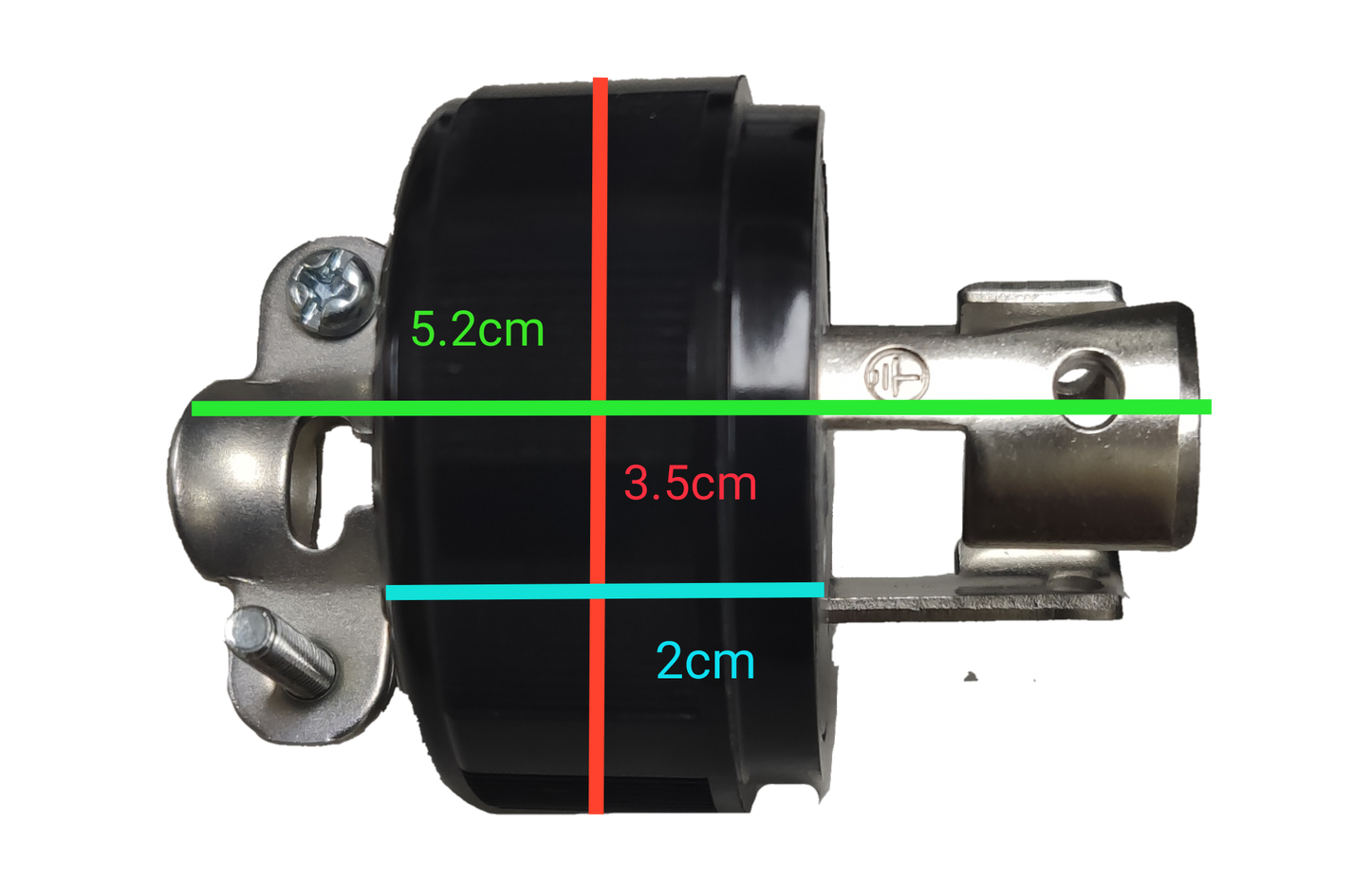 Panasonic 15A Twist Lock Plug side view with black round housing and metal locking prongs showing measurements 5.2cm 3.5cm 2cm
