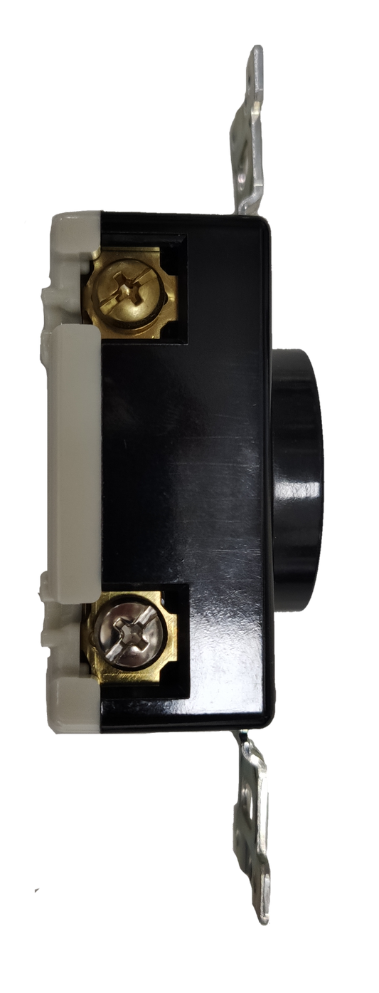 Panasonic 20A twist lock outlet WF2320 black housing with brass screw terminals and metal mounting straps