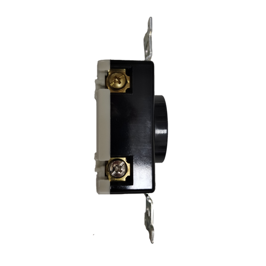 Panasonic 20A twist lock outlet WF2320 black housing with brass screw terminals and metal mounting straps