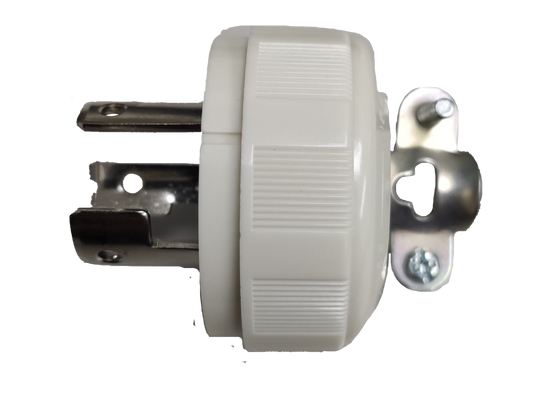 Panasonic 20A twist lock plug white round housing with metal blades and mounting bracket side view