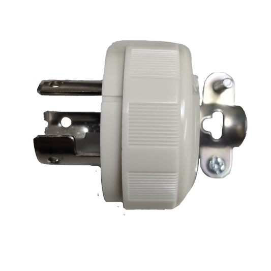 Panasonic 20A twist lock plug white round housing with metal blades and mounting bracket side view
