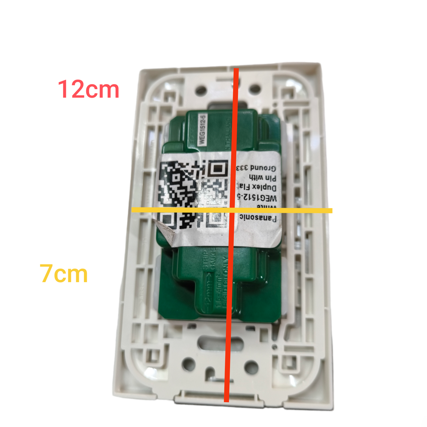 Panasonic duplex outlet 16A 250V rear view white faceplate with green module showing 12cm by 7cm measurements