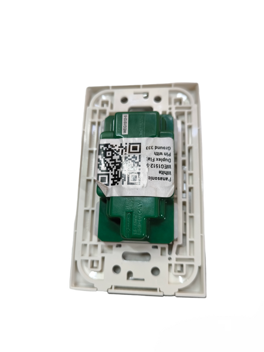 Panasonic duplex outlet 16A 250V green module with white faceplate and mounting frame rear view