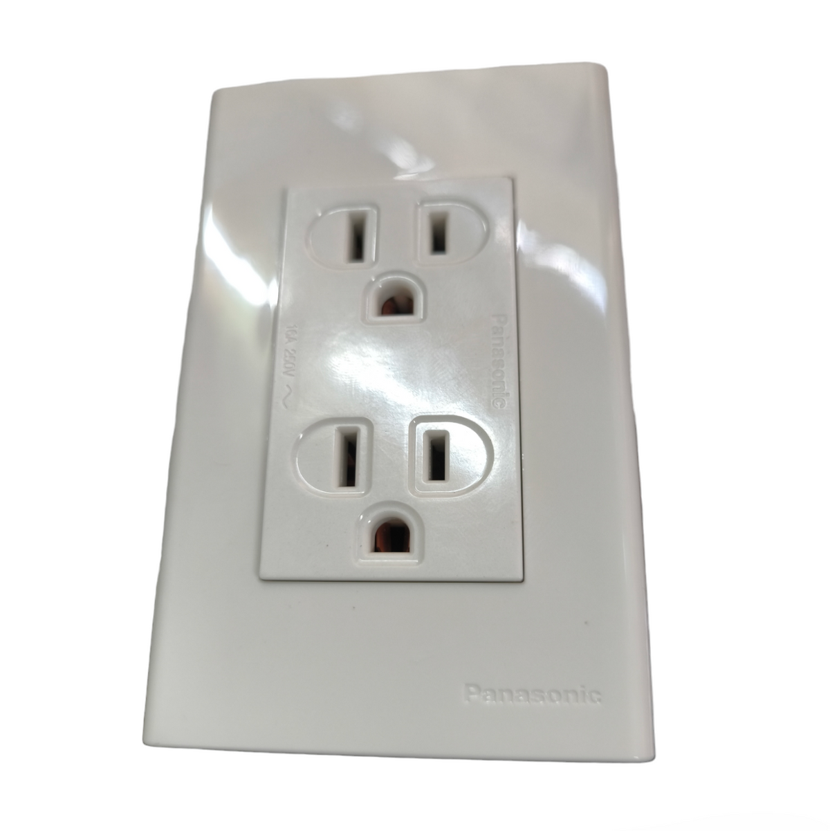 White Panasonic duplex outlet 16A 250V wall receptacle with dual grounded sockets and glossy faceplate