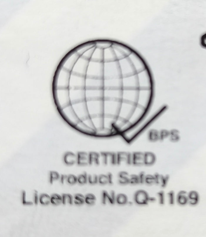 Panasonic duplex outlet 220V 15A safety certification label with globe and check mark license No Q1169