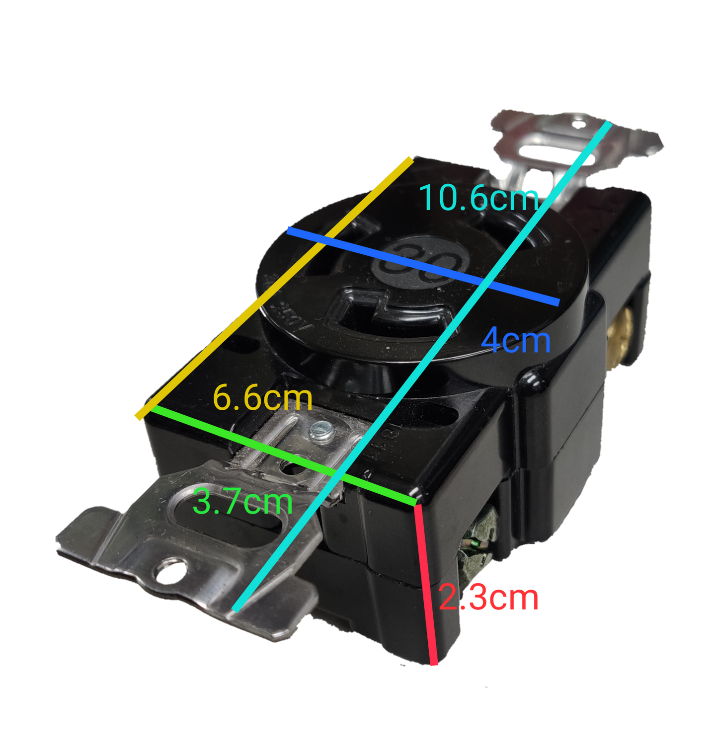 Panasonic twist lock outlet 30A 250V black industrial receptacle with mounting straps and measurement overlays