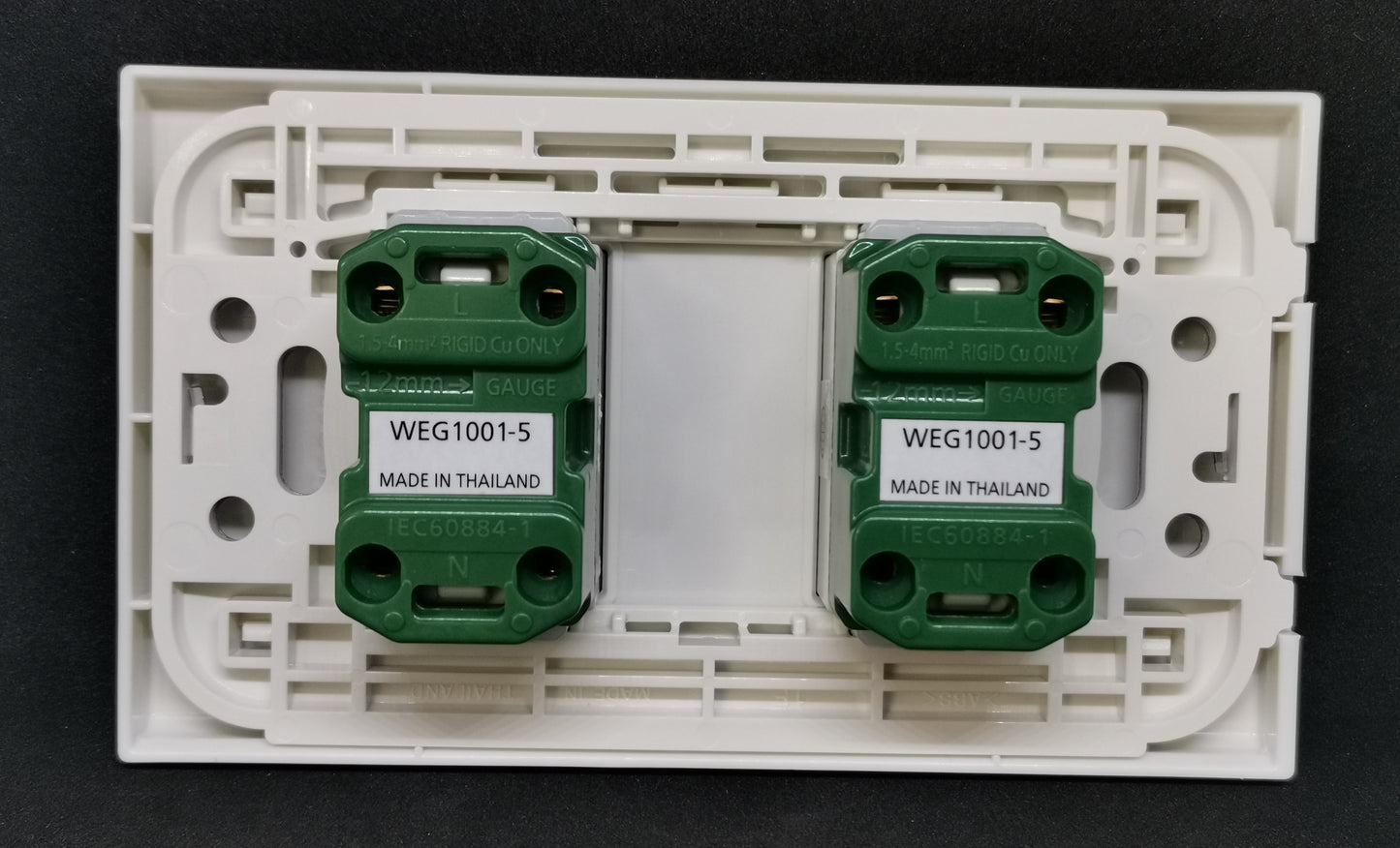 Panasonic WEG1001-5 WEG6802 outlet installed in a white wall plate for electrical use