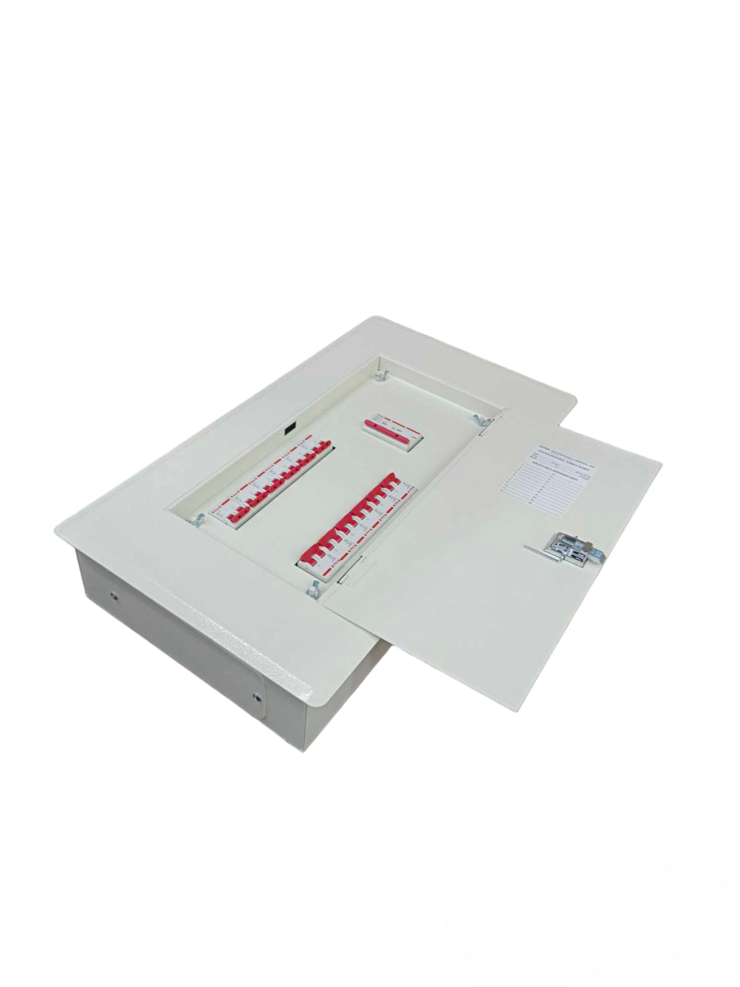 Panel Board 100A 3 Pole 10 KAIC Miniature electrical circuit part by Himel and Koten with open white metal enclosure