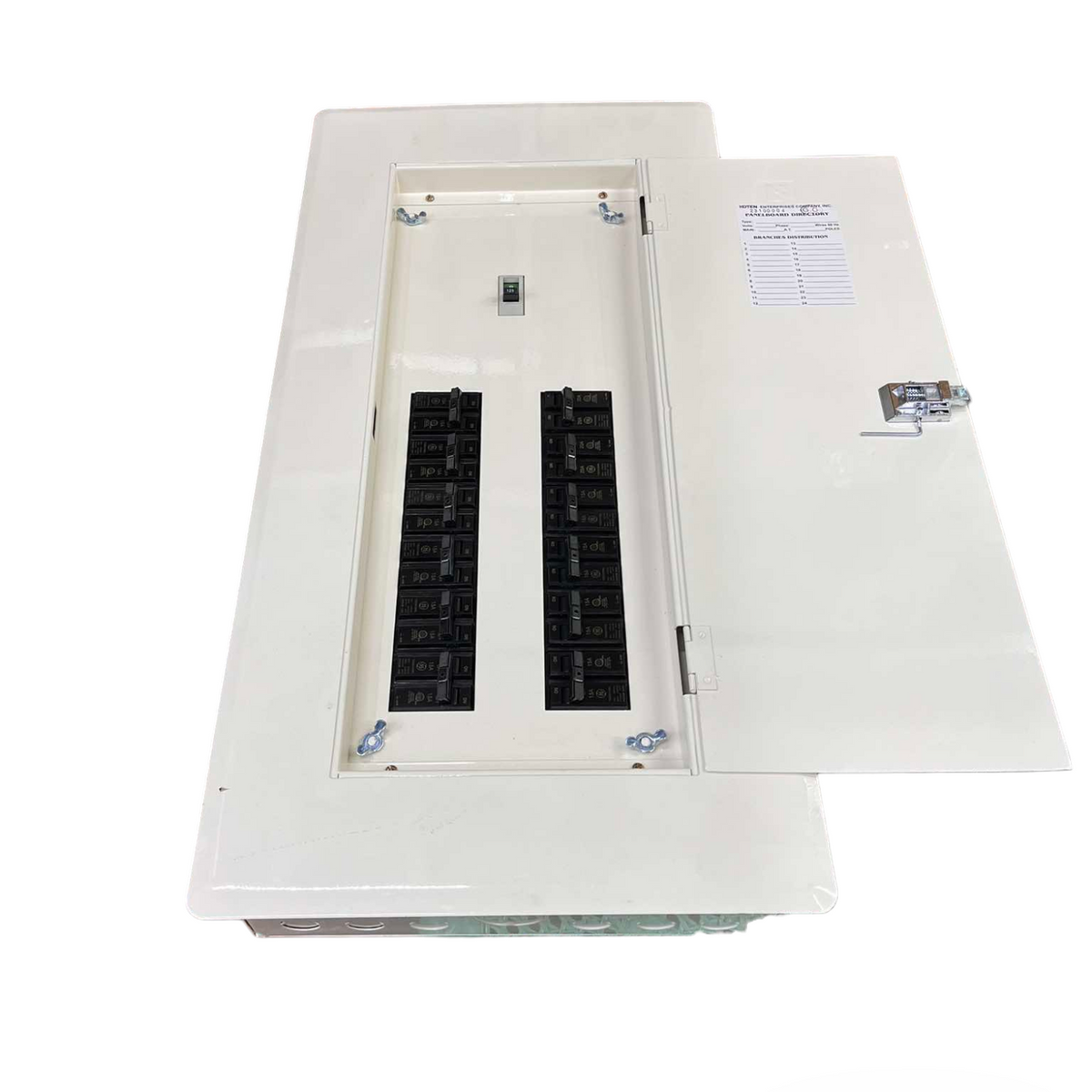 Koten and GE Panel Board 150A 250SP 2Pole electrical circuit breaker panel with open white metal cover