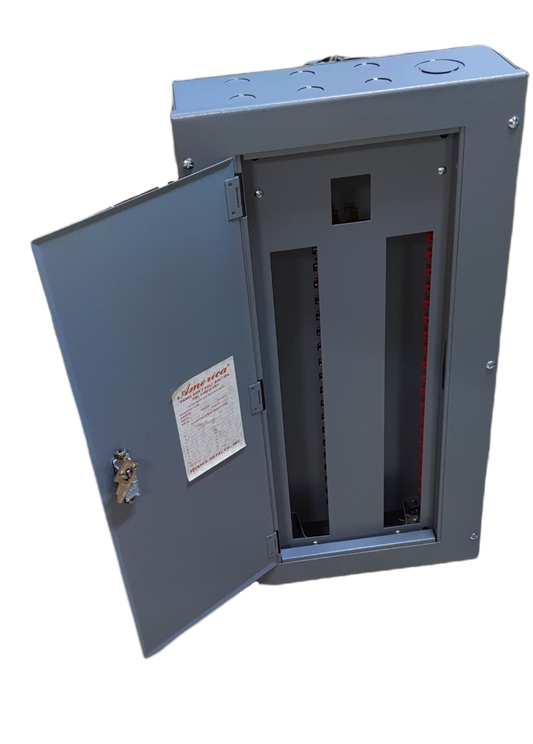 Panel Board 2 Pole Bolt on TQC Main electrical panel with open gray metal door and locking mechanism