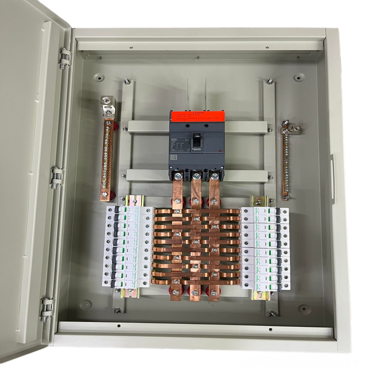 Panel Board 250A 3 Pole MCCB electrical circuitry with copper busbars inside metal enclosure