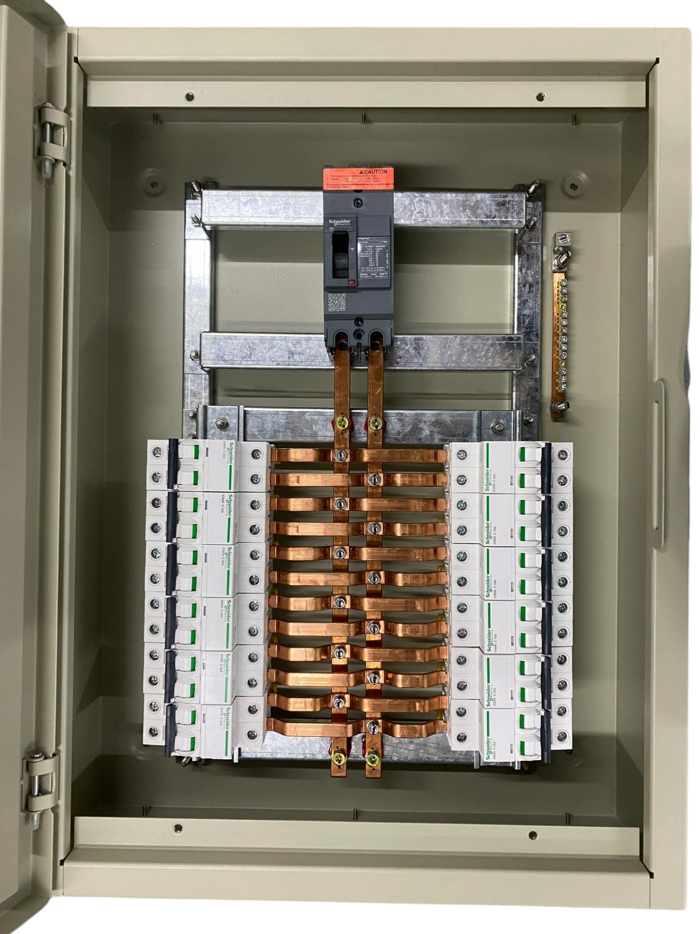 Schneider electrical panel board EZC100 Main 2Pole 75A circuit breaker with copper busbars inside metal enclosure
