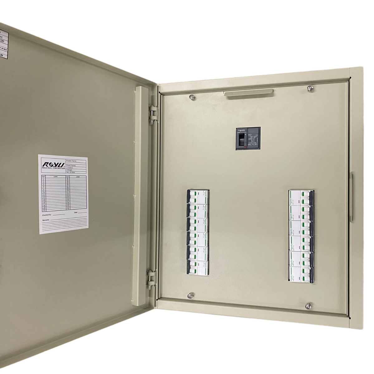 Schneider Royu Panel Board EZC100 Main 2Pole electrical circuitry with multiple circuit breakers inside metal enclosure
