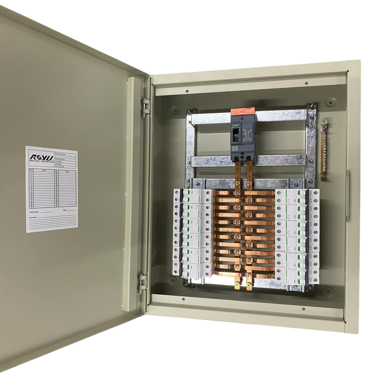 Schneider and Royu Panel Board EZC100 Main 2Pole electrical circuit breaker panel with open metal enclosure