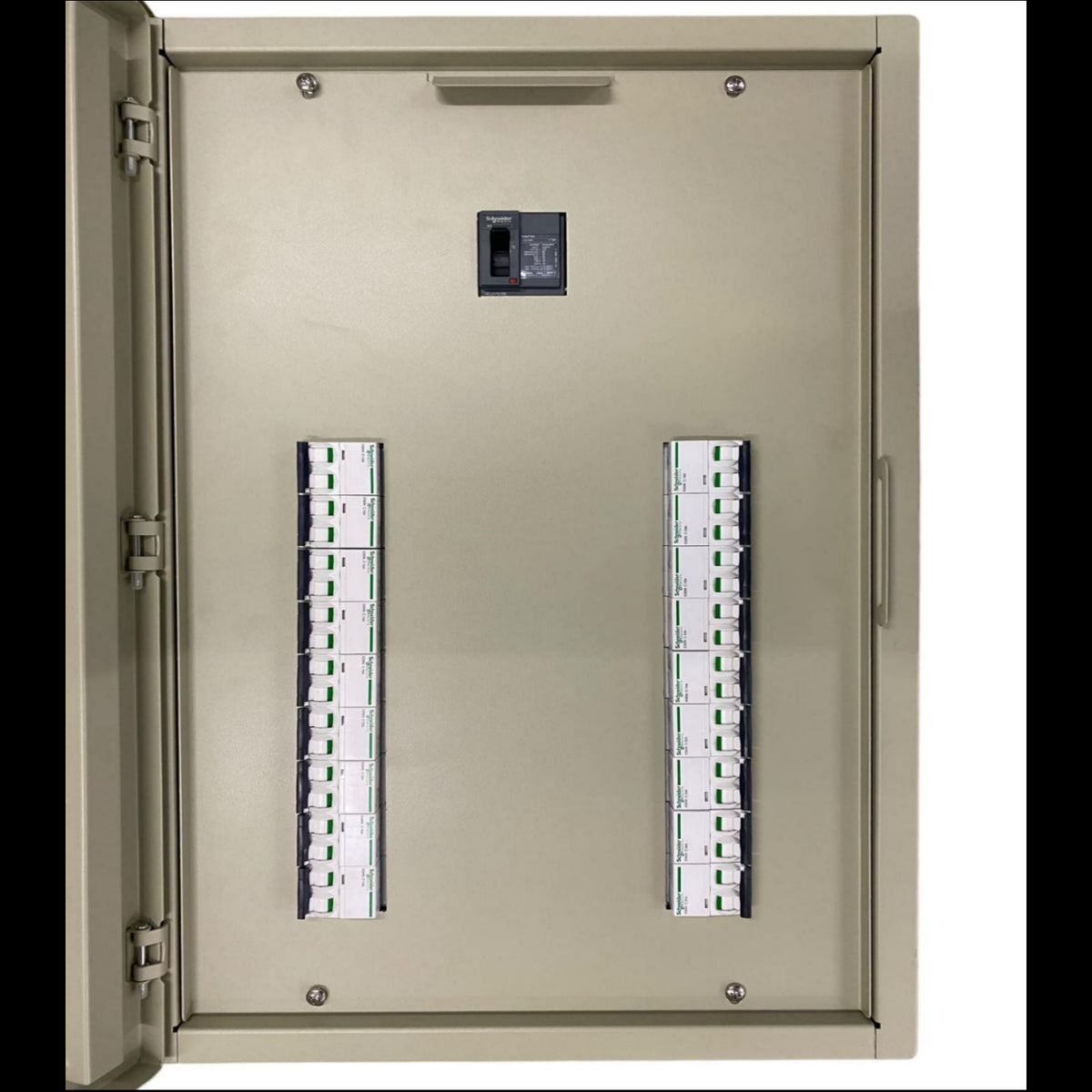 Schneider electrical panel board EZC100H 80A 2 Pole Main with circuit breakers inside metal enclosure