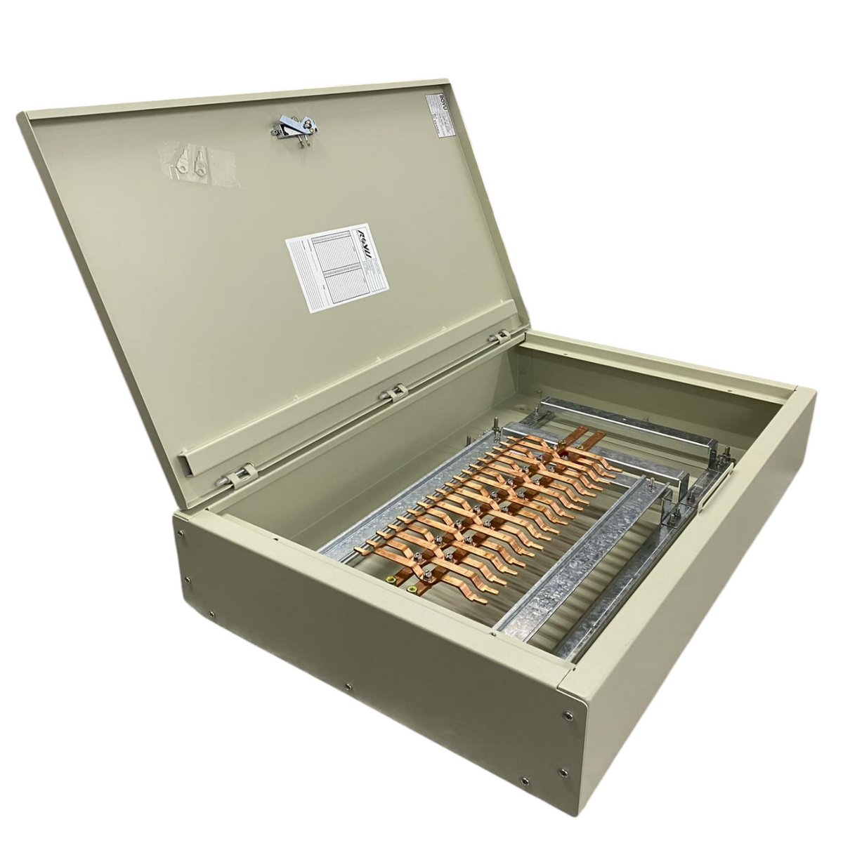 Schneider Panel Board EZC100H 80A 2 Pole Main electrical circuitry with copper bus bars inside metal enclosure