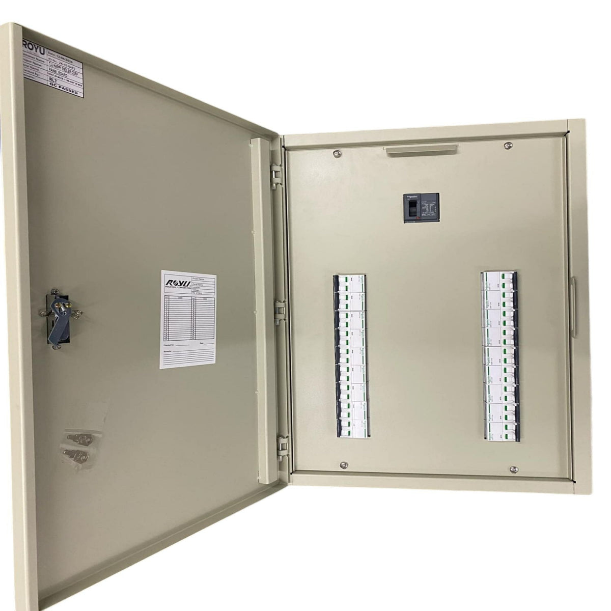 Schneider Panel Board EZC100H 80A 2 Pole Main electrical circuit board with open metal enclosure
