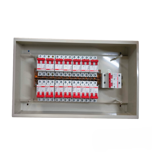 Himel panel board for miniature circuit breaker with multiple red and white breakers inside a gray metal enclosure