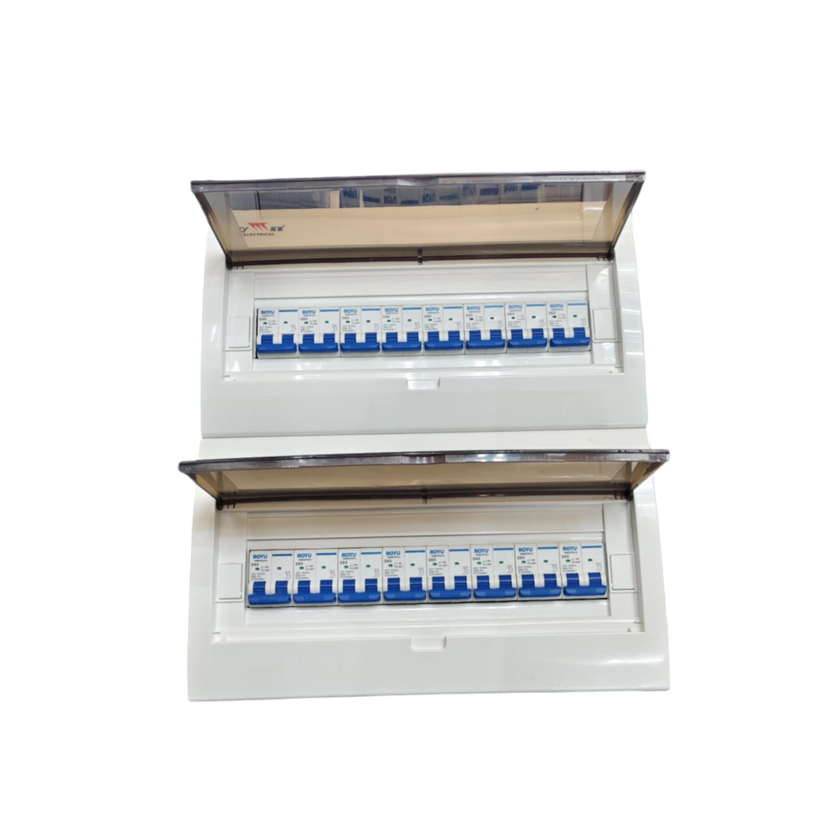 Panel Box with 15 Bus Bar 2 Pole Royu Breakers showing circuit breakers inside a white casing