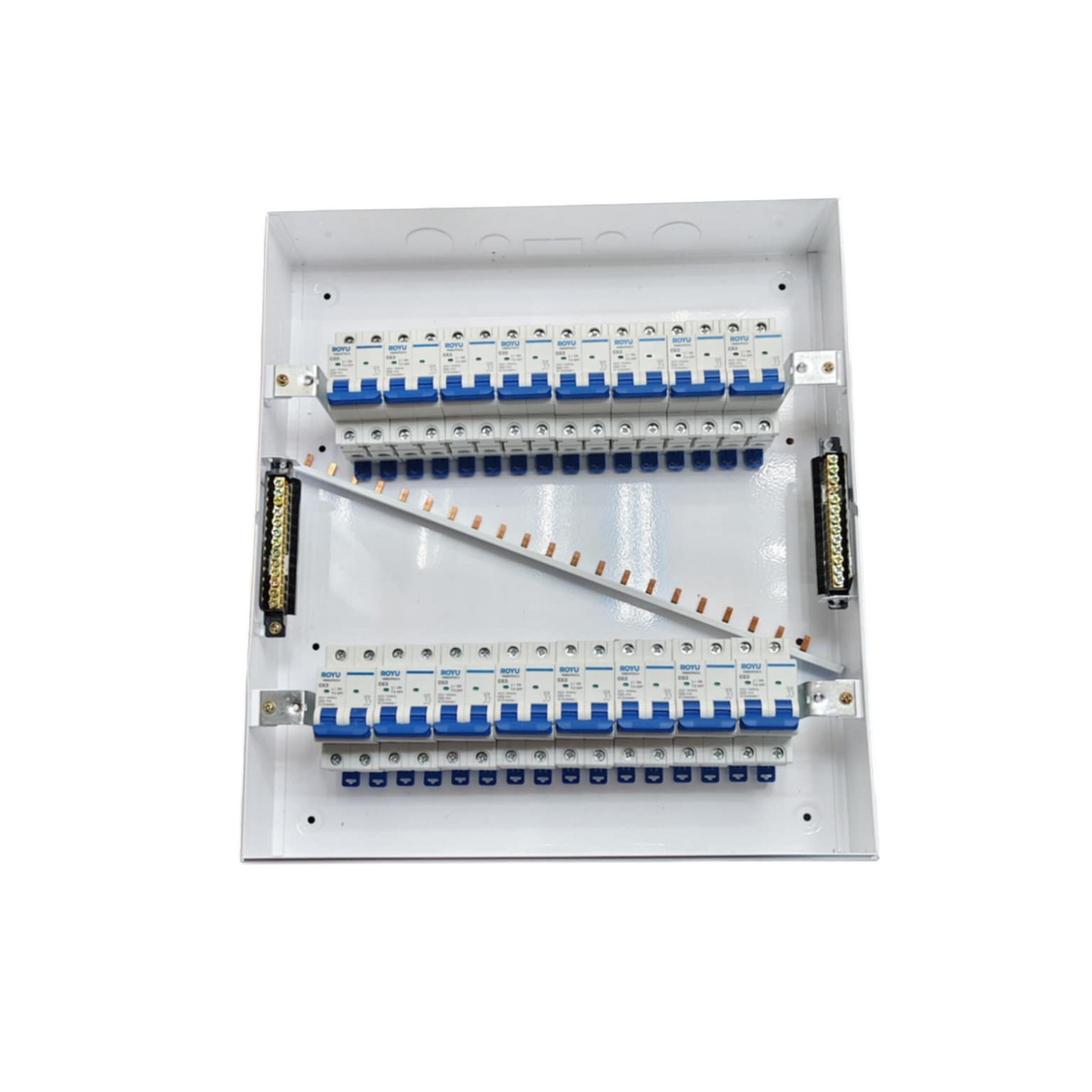 Panel Box with 15 Bus Bar 2 Pole Royu Breakers featuring multiple circuit breakers and bus bars in a white metal enclosure