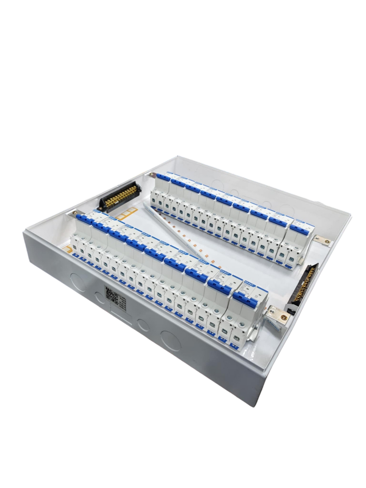 Chint 63A panel board with 17 circuit breakers. White metal enclosure with blue topped breakers and busbars