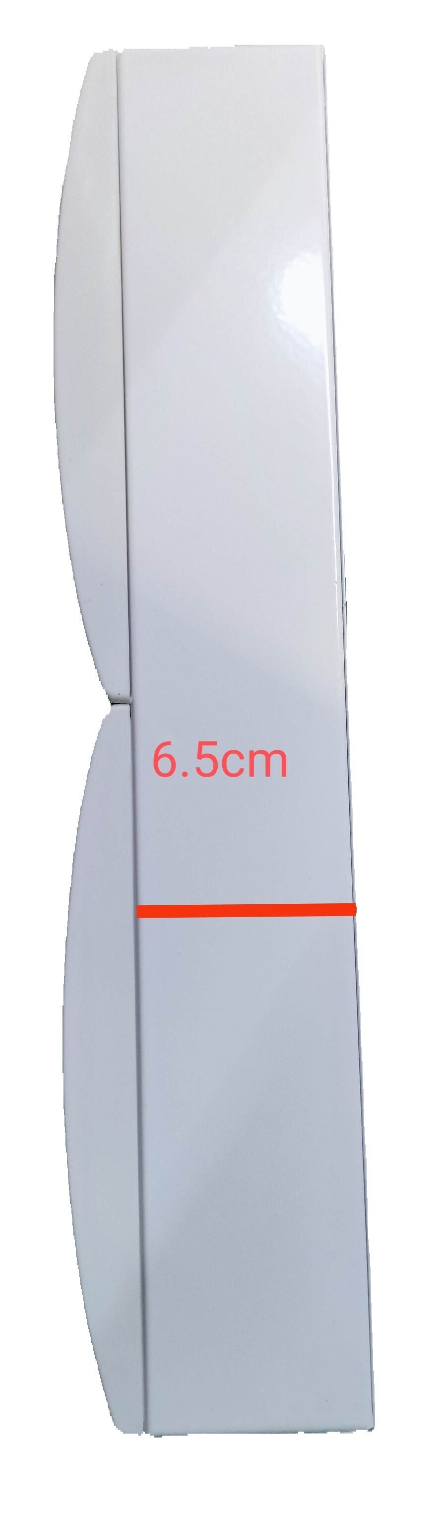 Chint white electrical enclosure slim side view showing 6.5cm depth and 63A panel board with 17 circuit breakers.