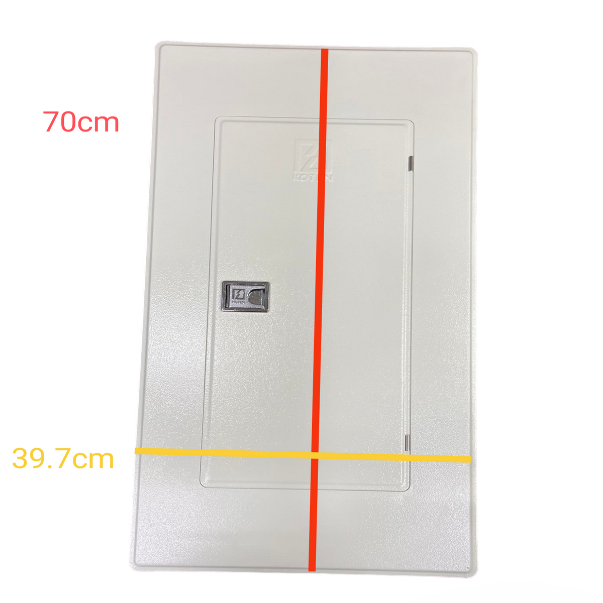 White electrical enclosure Panel Board 150A 2P Main 8 Branches by Koten with front access door and dimensions 70 cm by 39.7 cm