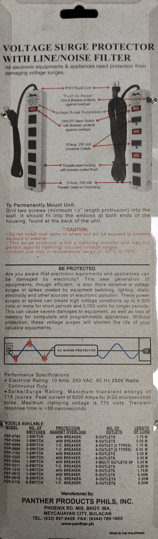Panther 4 gang extension cord with surge protector featuring voltage surge protection and line noise filter