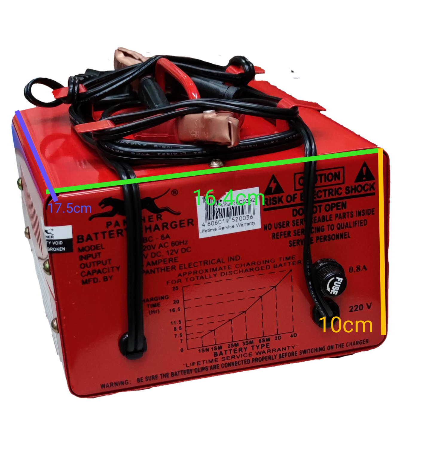 Panther 6V 12V car battery charger red compact portable power starter with black cables