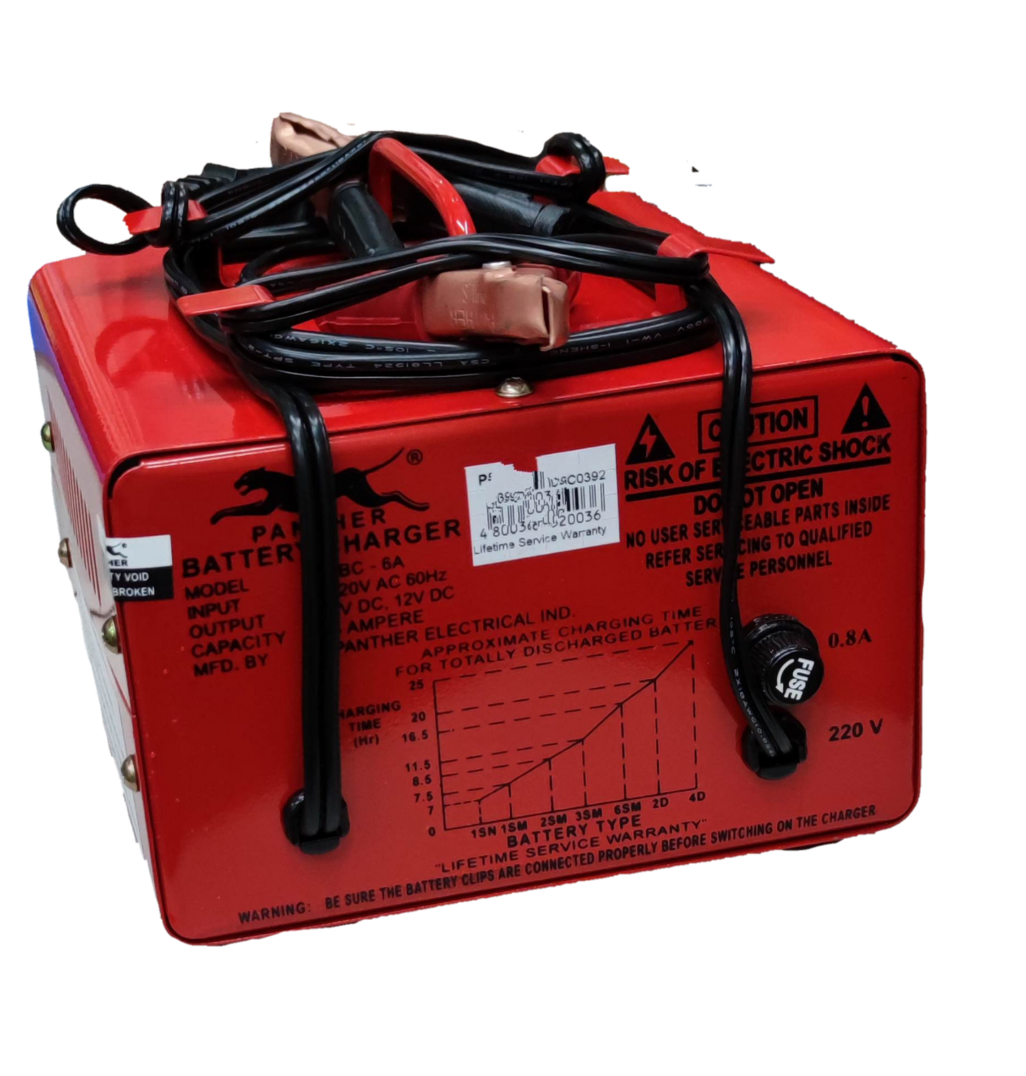 Panther Battery Charger 12A red portable power starter with cables and electrical warnings