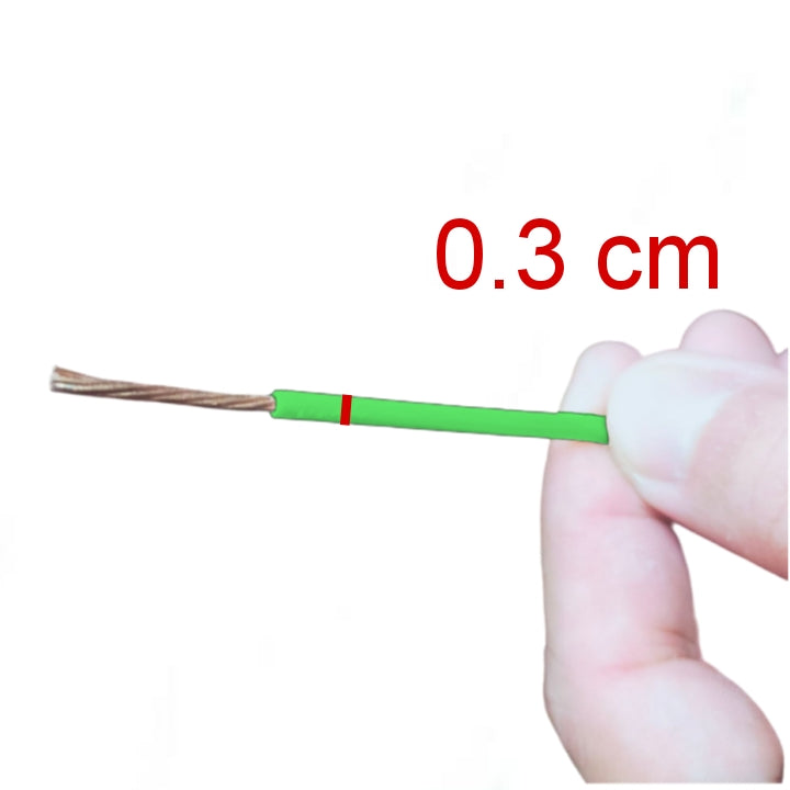 Hand holding green Phelps Dodge 2.0mm THHN AWG 14 wire with exposed copper strands