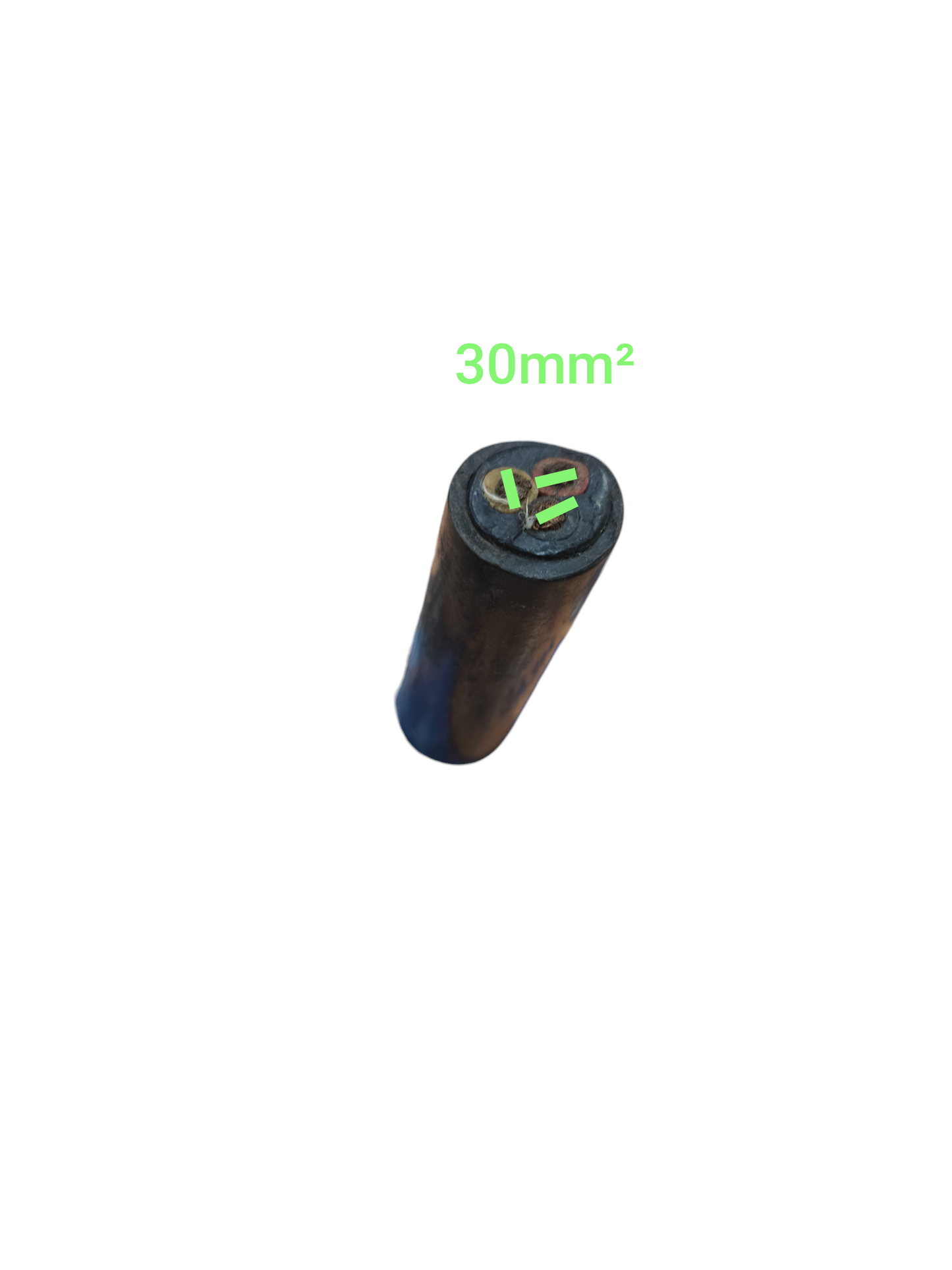 Phelps Dodge 30mm 3 core power cable showing cross section with three copper cores and black insulation