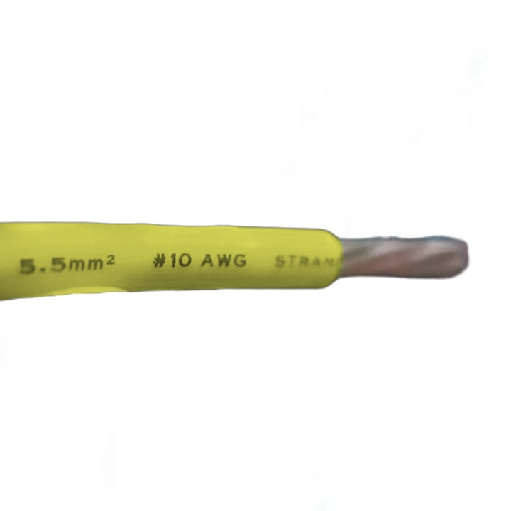 Close-up of Phelps Dodge 5.5mm THHN AWG 10 yellow electrical wire with copper strands
