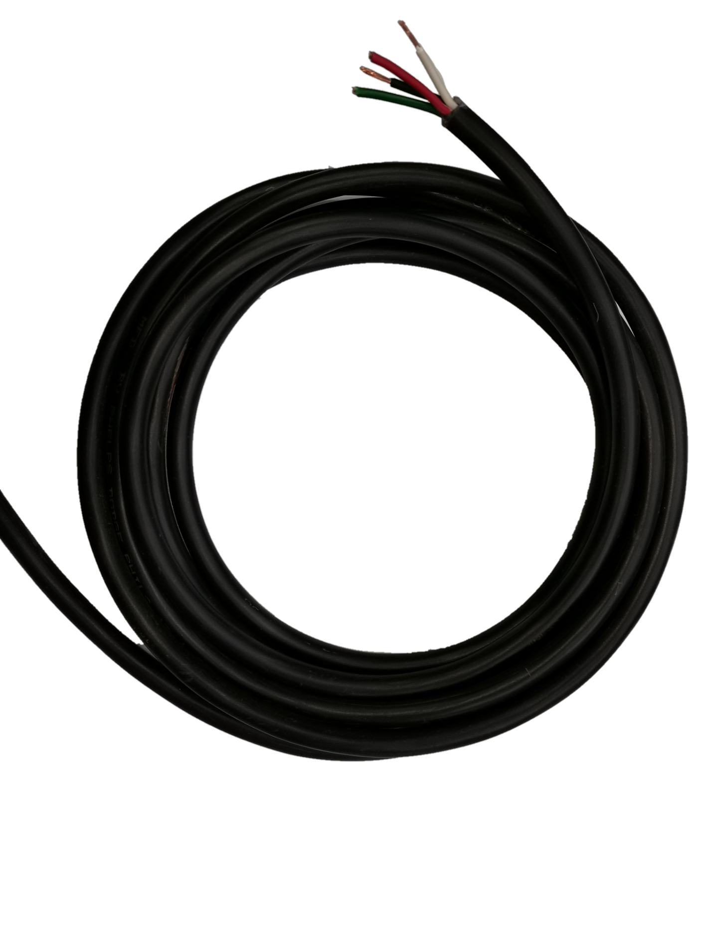 Coiled Phelps Dodge royal cord 0.75mm 4 core wire with black insulation and exposed colored cores