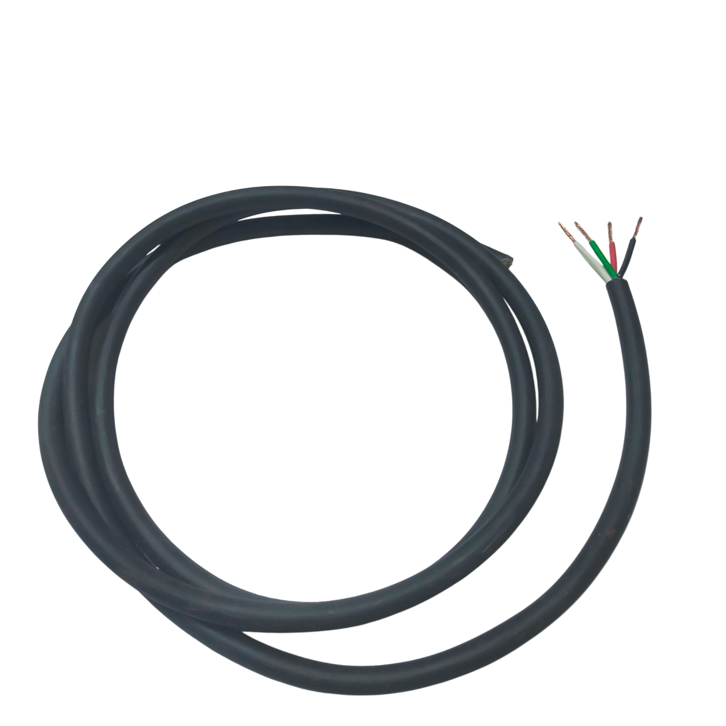 Phelps Dodge royal cord 0.75mm 4 core insulated wire with exposed copper ends coiled on black background