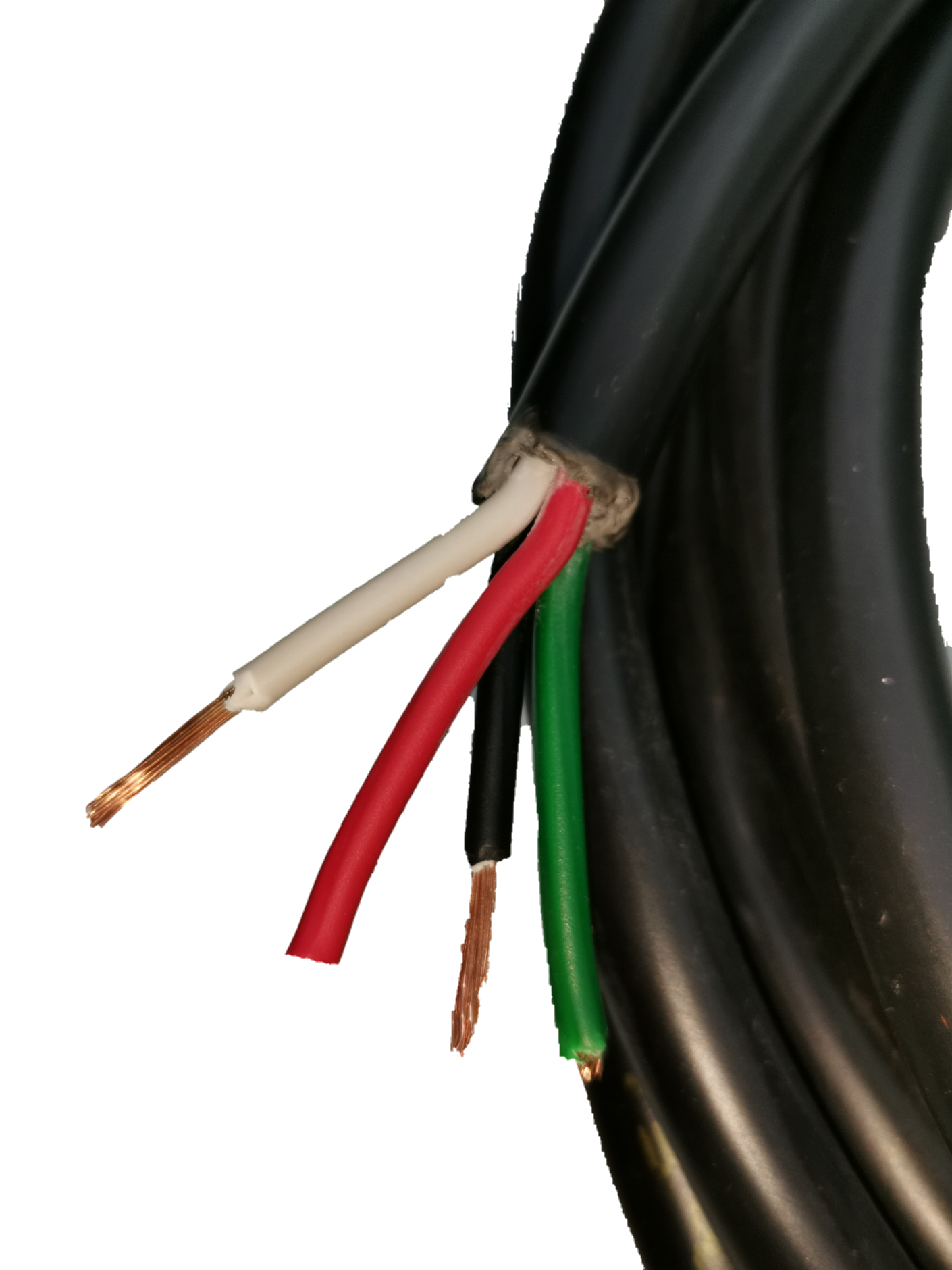 Phelps Dodge Royal Cord 8.0mm 4C with black outer insulation and exposed red, white, green, and black wires