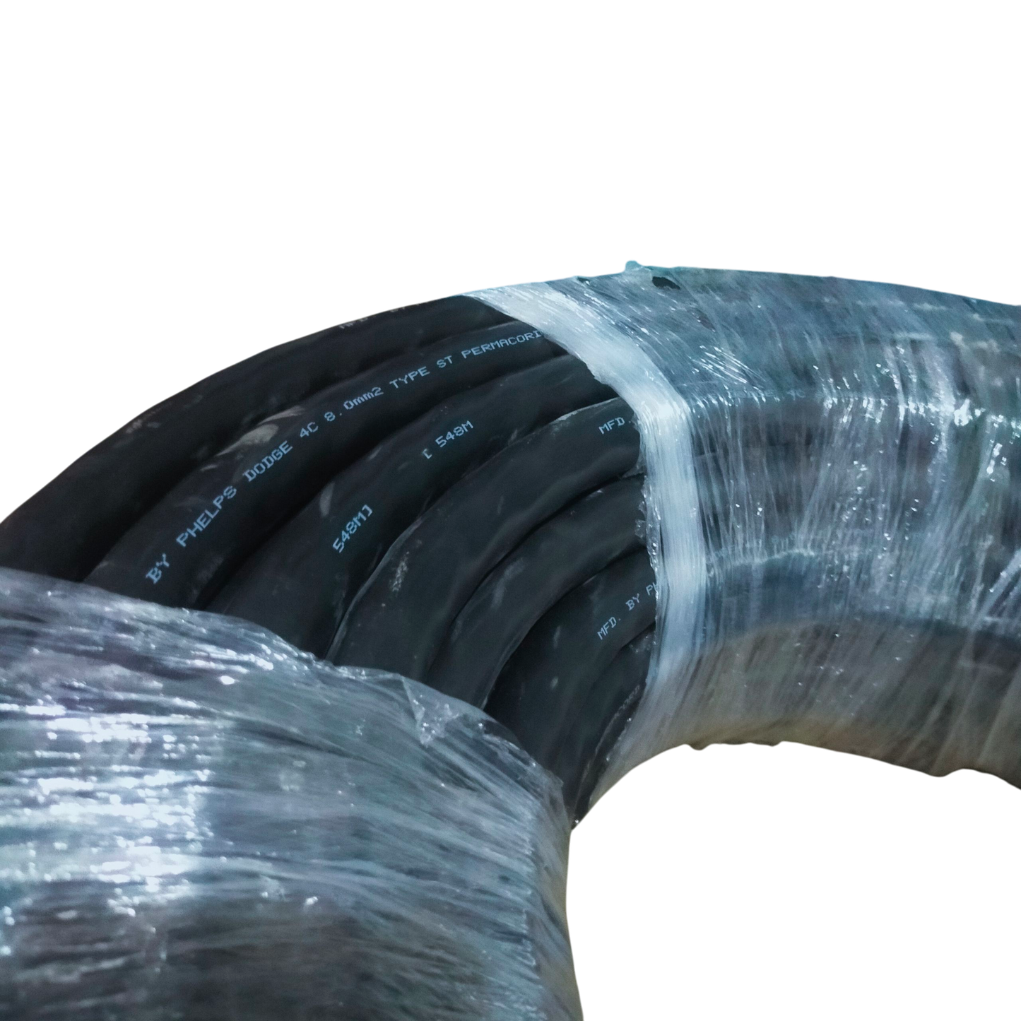 Coiled Phelps Dodge Royal Cord 8.0mm 4C electrical wire wrapped in clear plastic packaging
