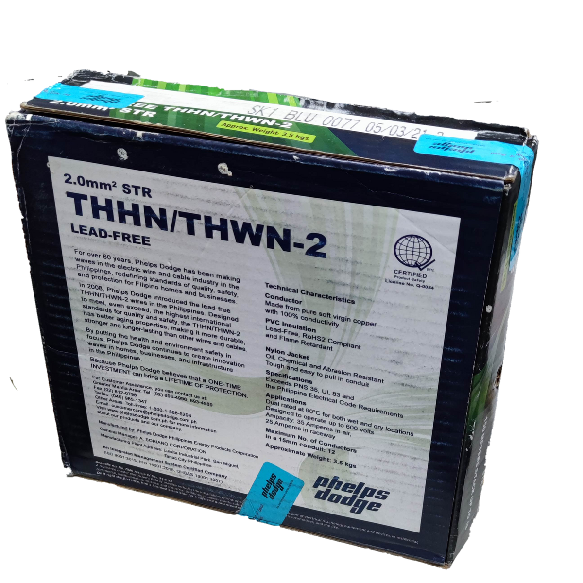 Phelps Dodge box of THWN AWG 14 Stranded Yellow electrical wire with detailed technical specifications