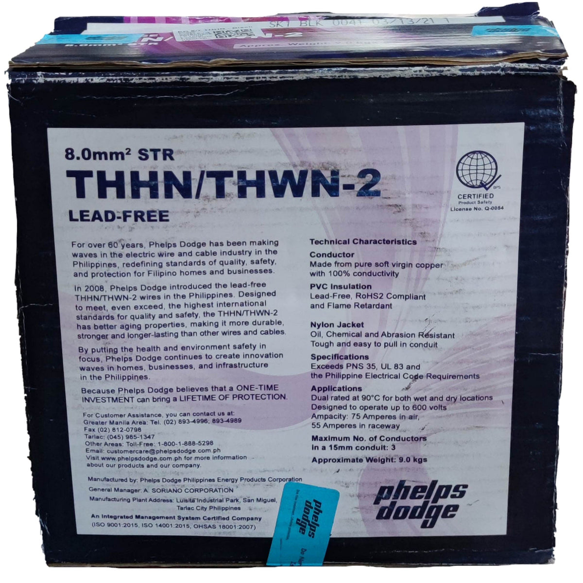 Box of Phelps Dodge THWN Stranded AWG 8 Green electrical wire with technical specifications