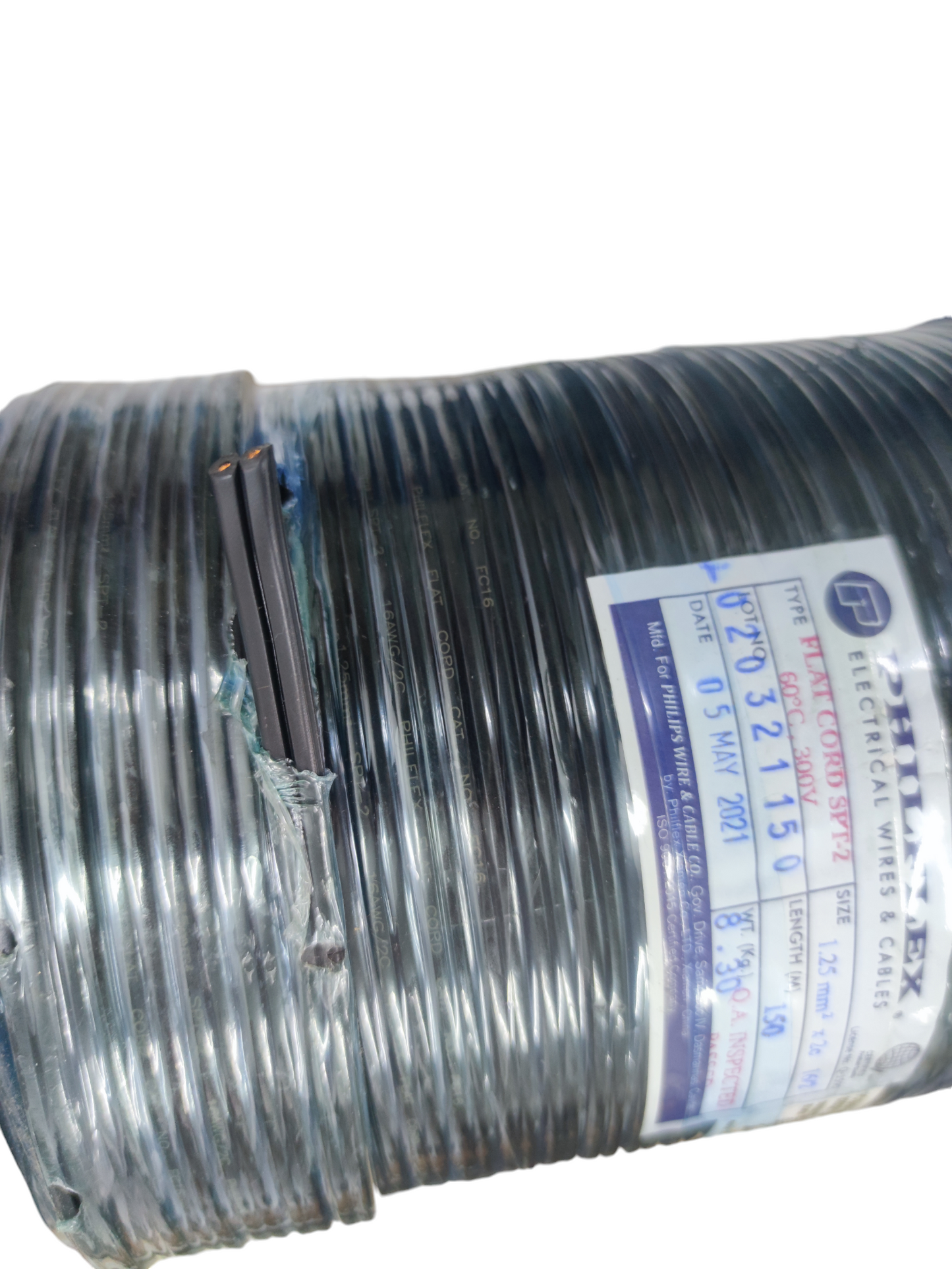 Philflex rolled spool of black Flat Cord AWG 16 2 Core flat twin conductor cable with product label