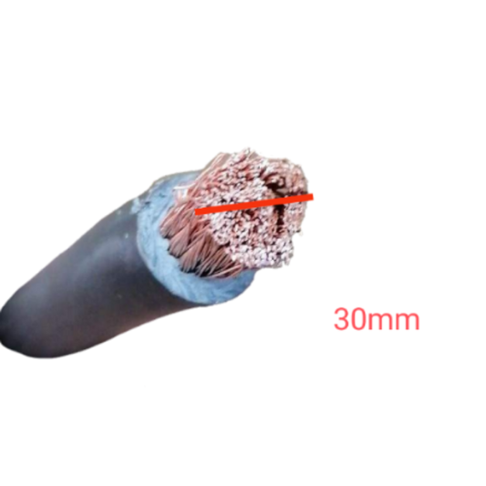 Philflex 30mm welding cable cross section showing thick black sheath and exposed copper strands labeled 30mm