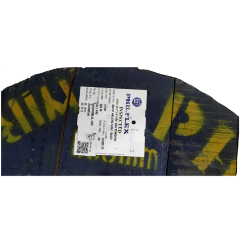 Wooden spool reel with Philflex 30mm welding cable product label on industrial painted drum
