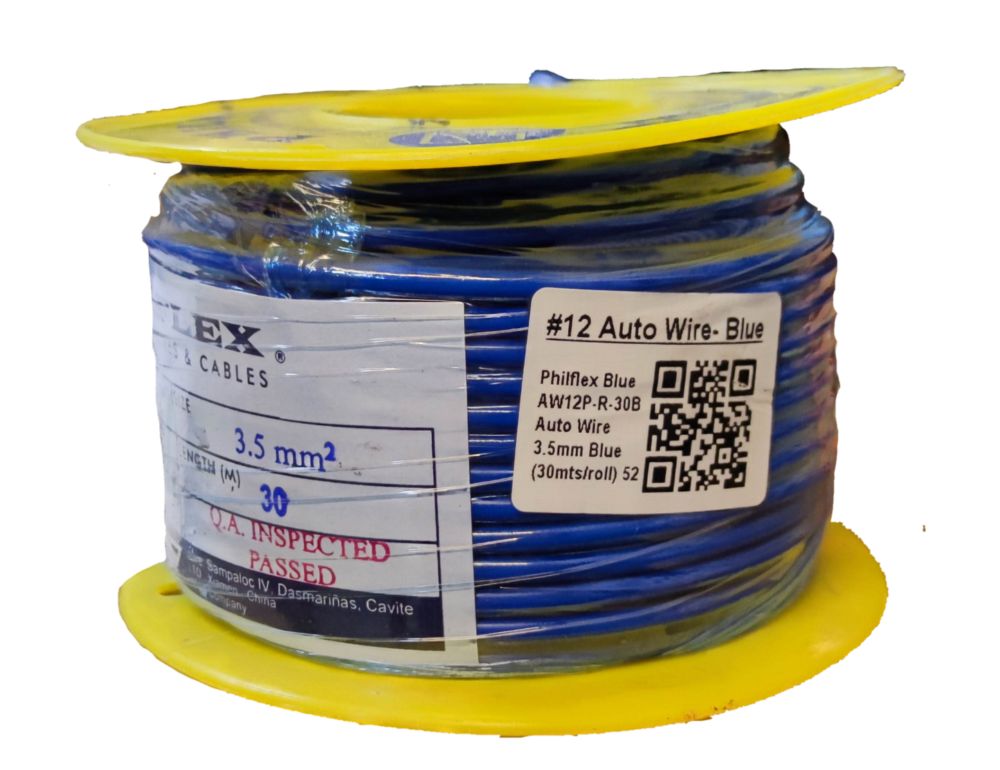 Philflex Autowire AWG 12 White appears as keyword while image shows blue automotive wire spool on yellow reel