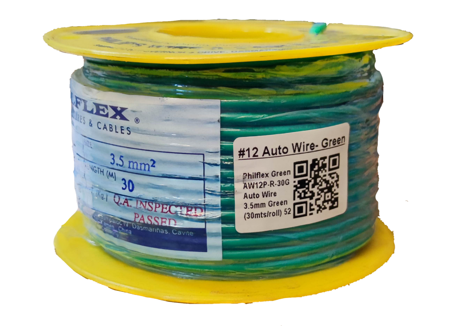 Spool of green 12 auto wire on yellow reel with Philflex label showing specs and barcode Philflex Autowire AWG 12 White